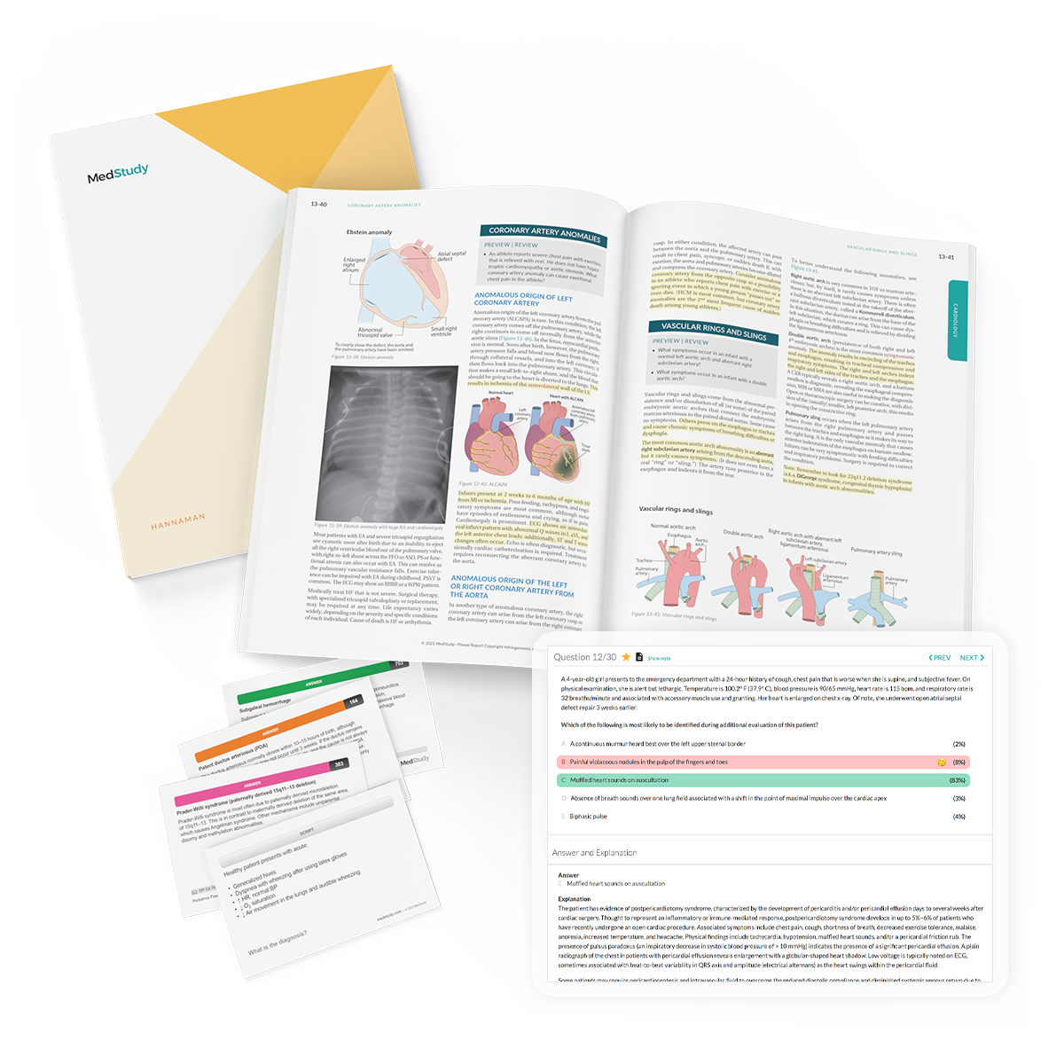 pediatrics system with flashcards q and a's in a tablet device and core book with an open book