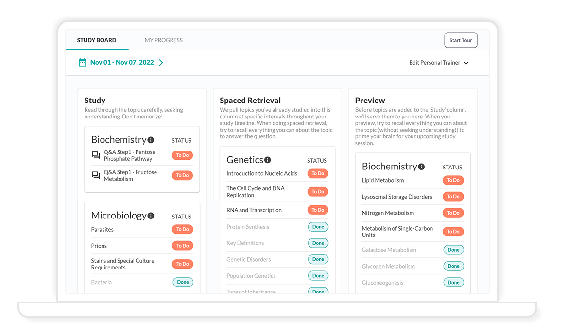 personal trainer dashboard on laptop showing study spaced retrieval and preview columns