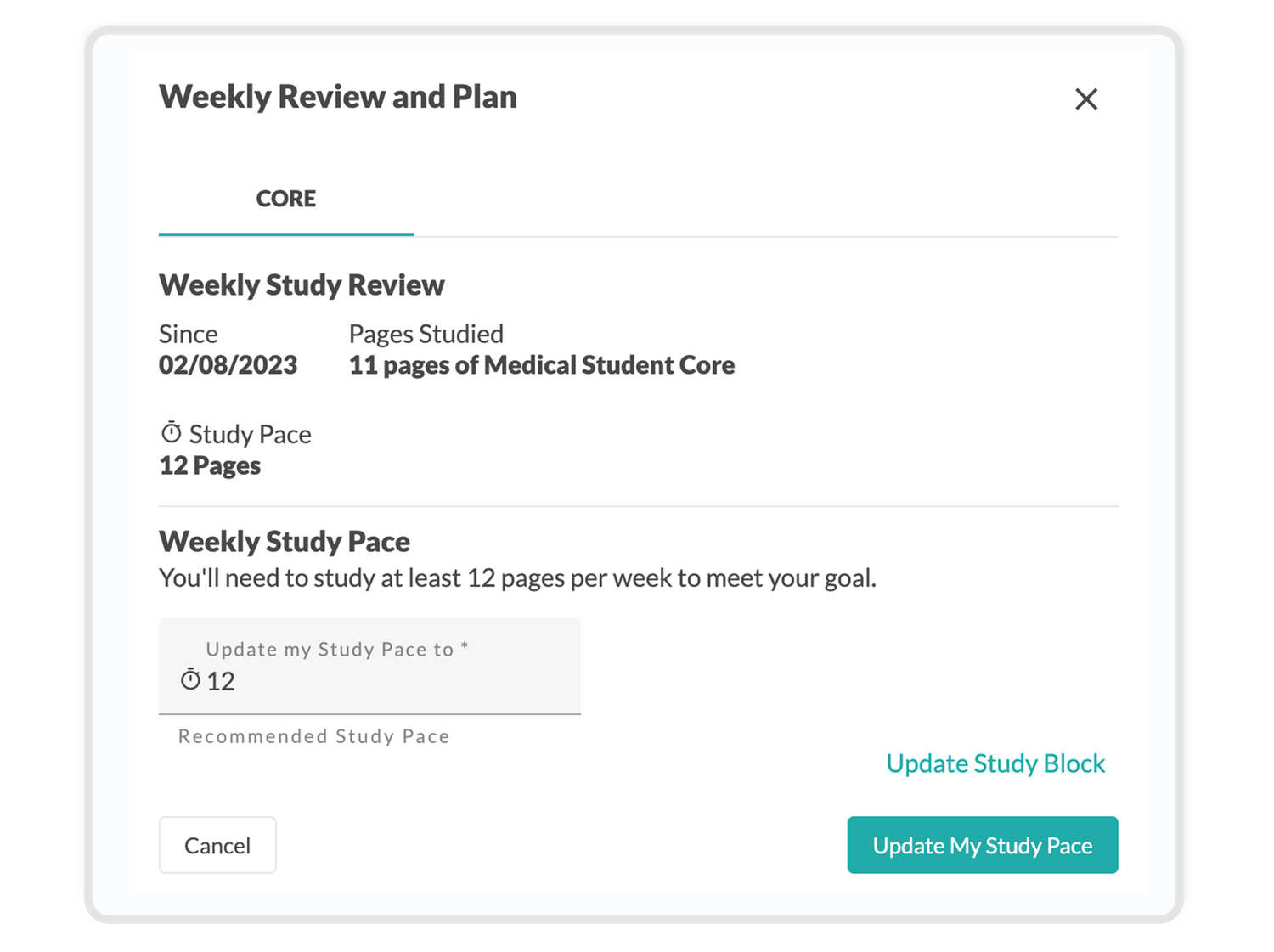 personal trainer weekly review pop up to update study pace and study block