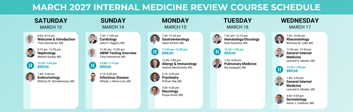 March 2027 Internal Medicine Review Course schedule, Saturday March 13 through Wednesday March 17. Full session list is in the text version below.