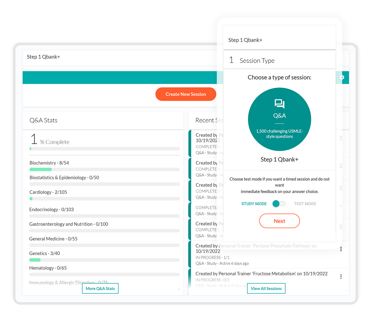 student qbank plus interface showing progress dashboard and setting up a qbank session