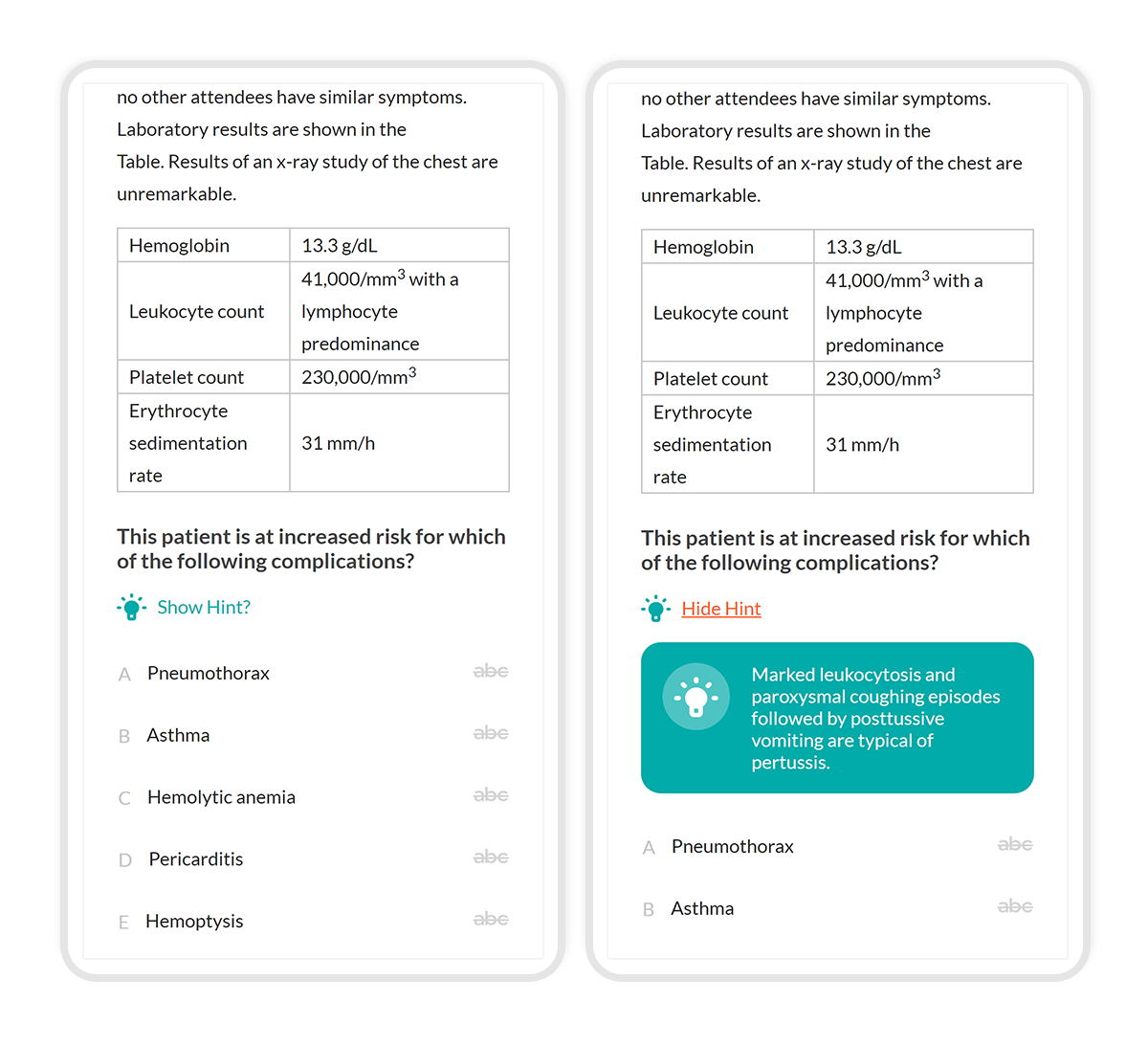 student qbank plus showing hint feature on a mobile device