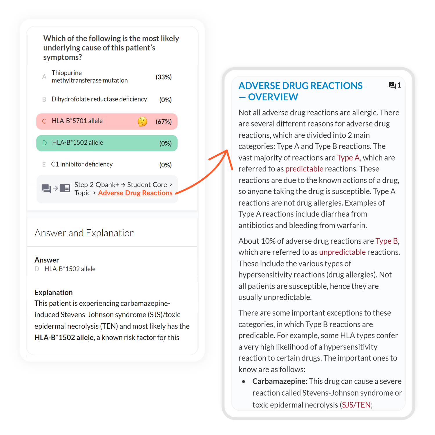 student core and qbank plus showing the connection going between the two products with the click of a link