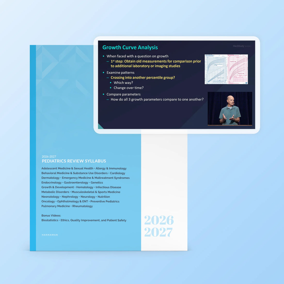 2026-2027 Pediatrics Review Syllabus cover with a video lecture on growth curve analysis