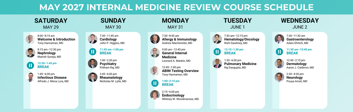May 2027 Internal Medicine Review Course schedule, Saturday May 29 through Wednesday June 2. Full session list is in the text version below.