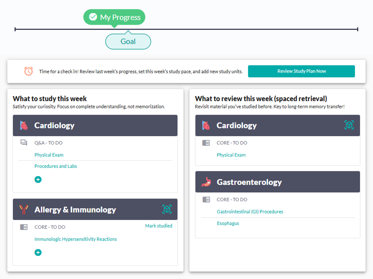 Personal Trainer dashboard showing the My Progress timeline, a weekly check-in prompt, and this week's study and spaced-retrieval review lists