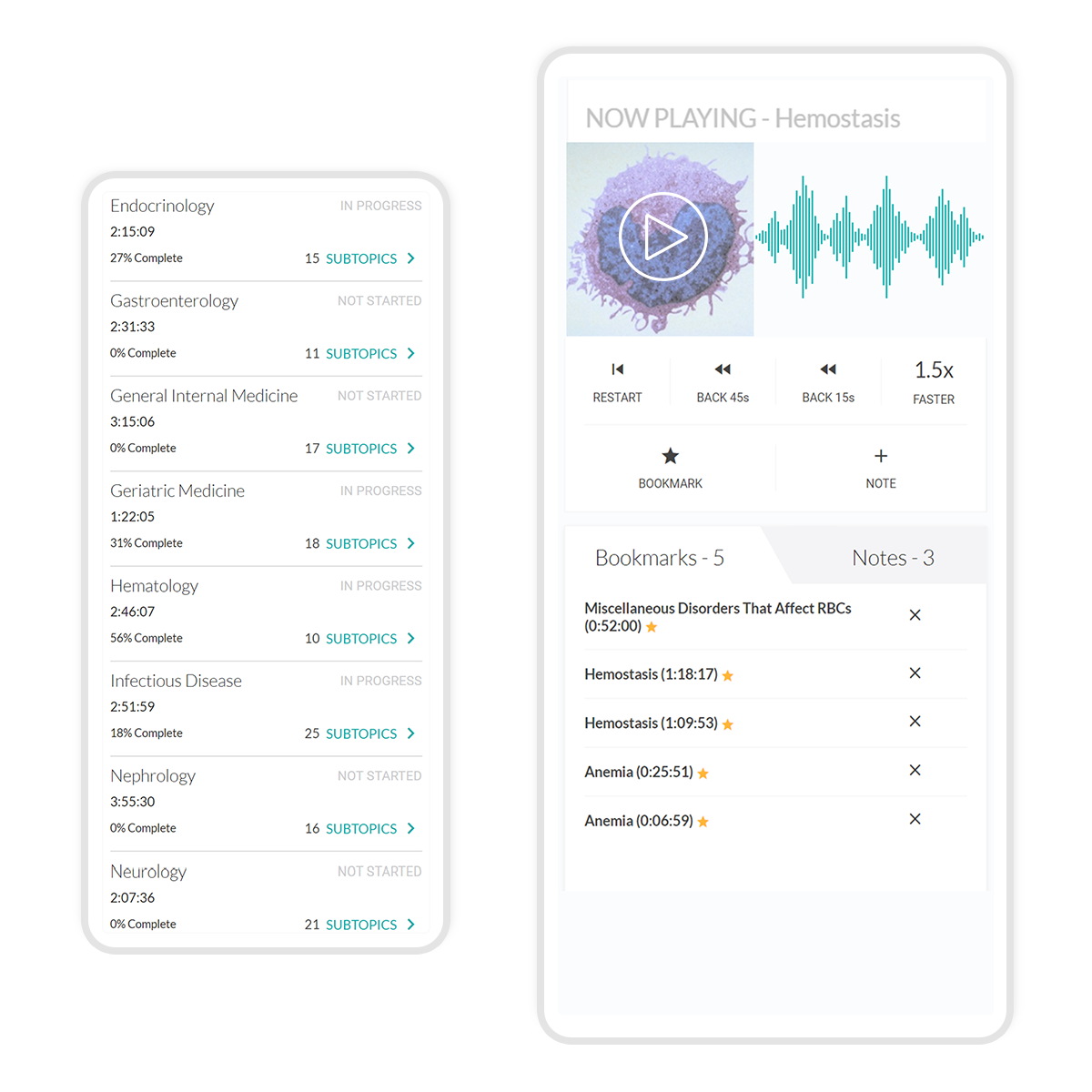 Core Audio Pearls menu options and play area on two different mobile screens