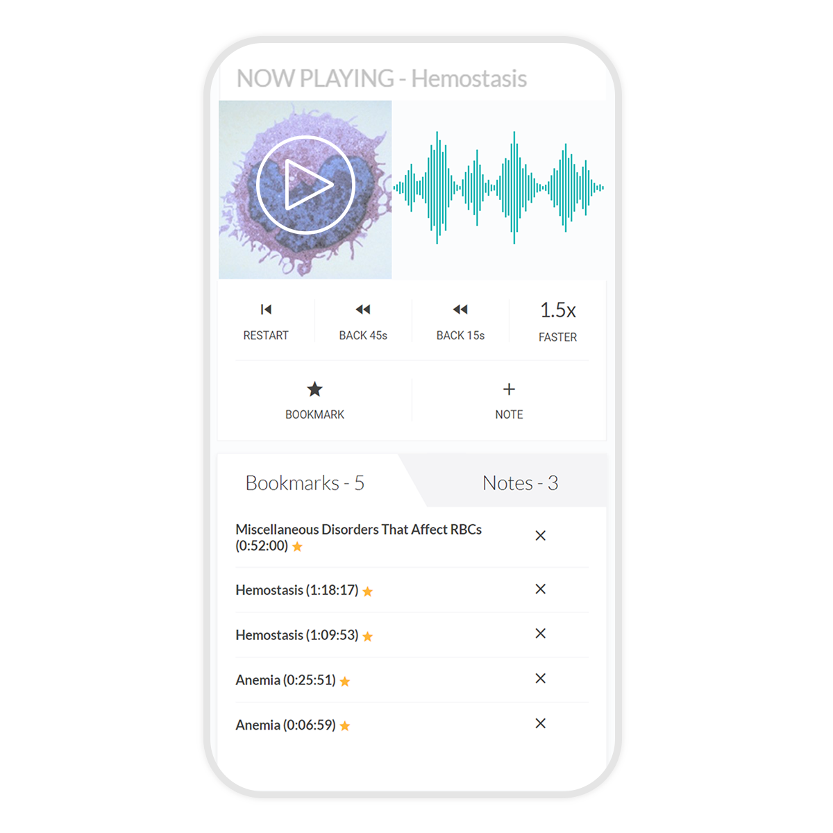 Core audio pearls playing on a mobile device. Bookmarks and notes section of the app can be seen on screen along with playback speed options
