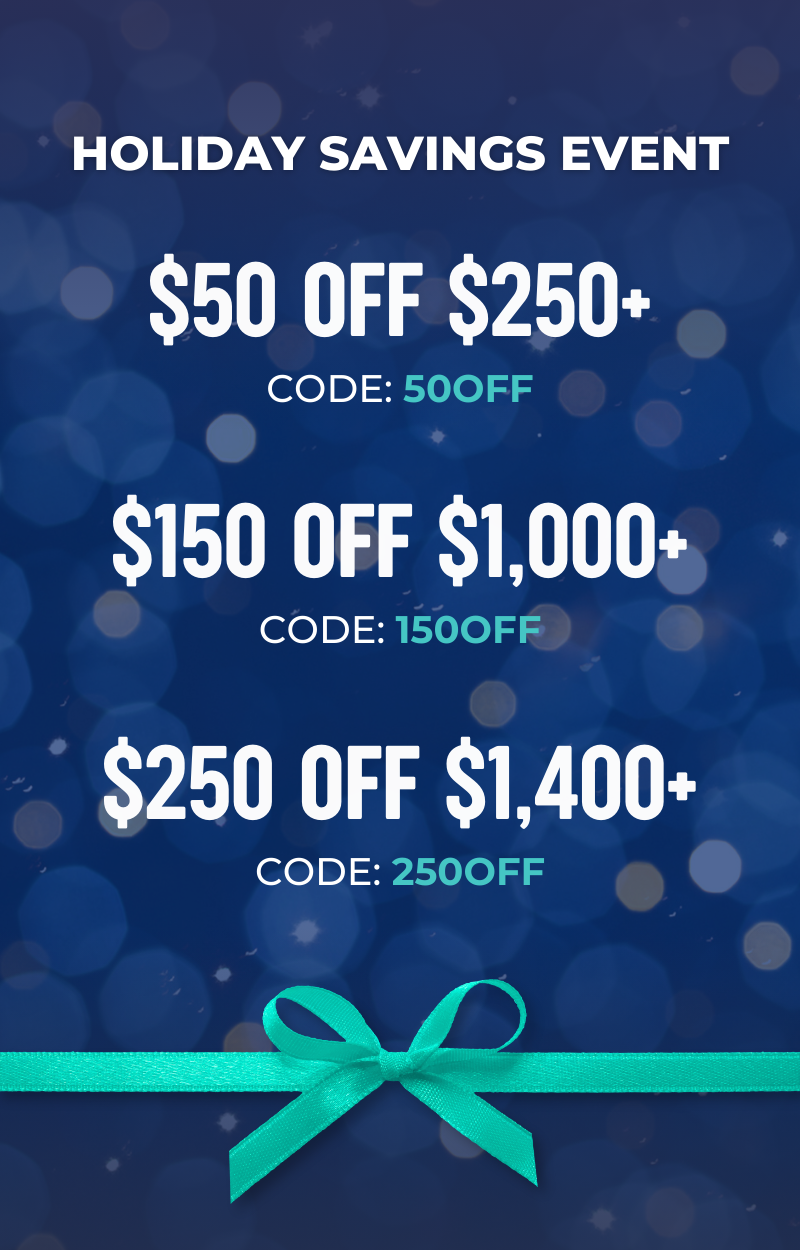 Blue sparkly background with teal bow at bottom featuring holiday savings event