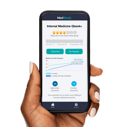 Internal Medicine Qbank+ on a mobile device held in a person&