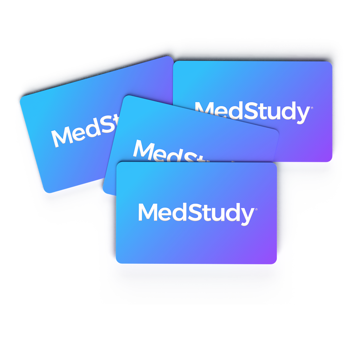Four MedStudy gift cards stacked on top of each other. Gift cards are a blue variant with a white centered MedStudy logo