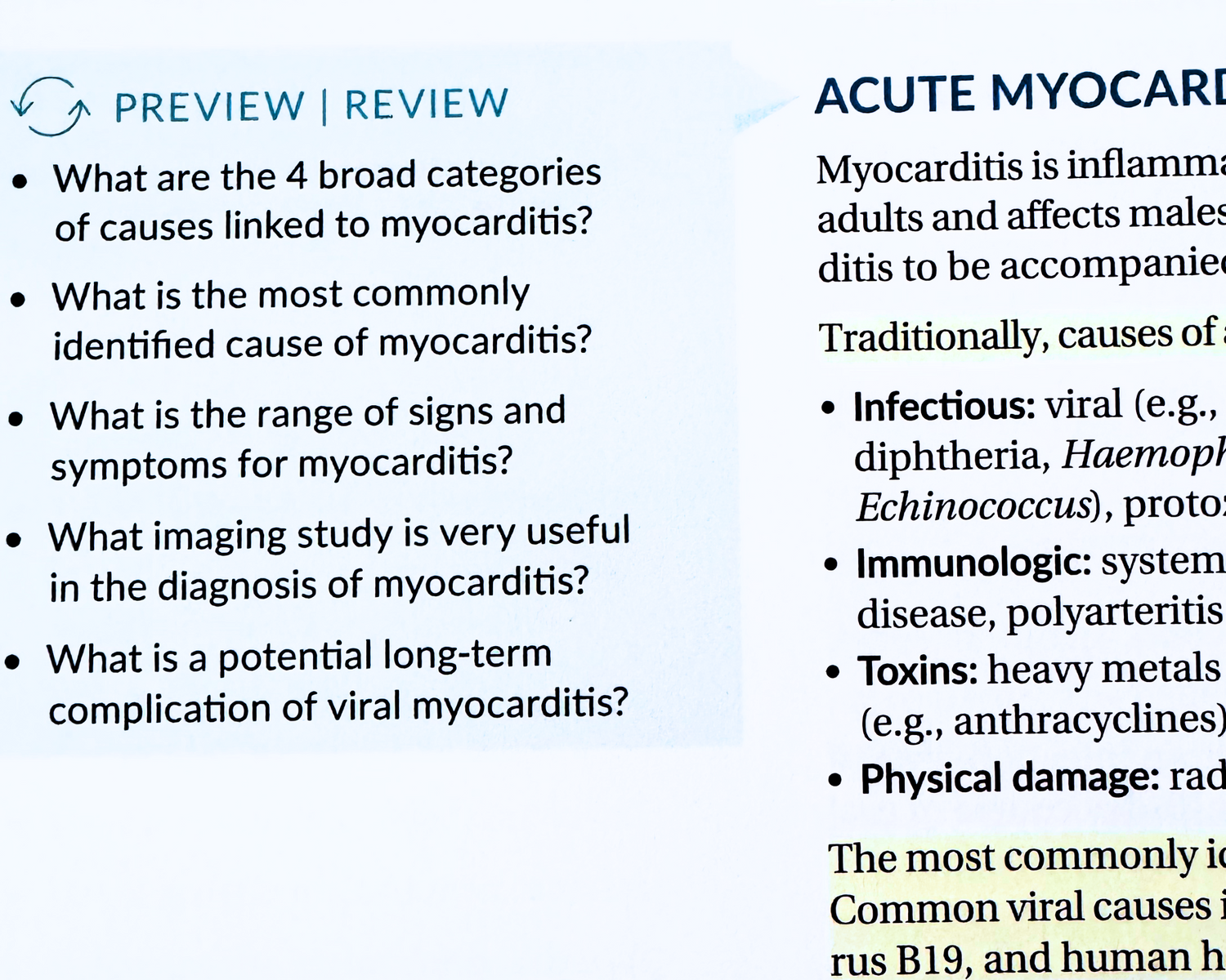 Preview Review questions at the beginning of the acute myocarditis section of the medical Student Core Cardiology book