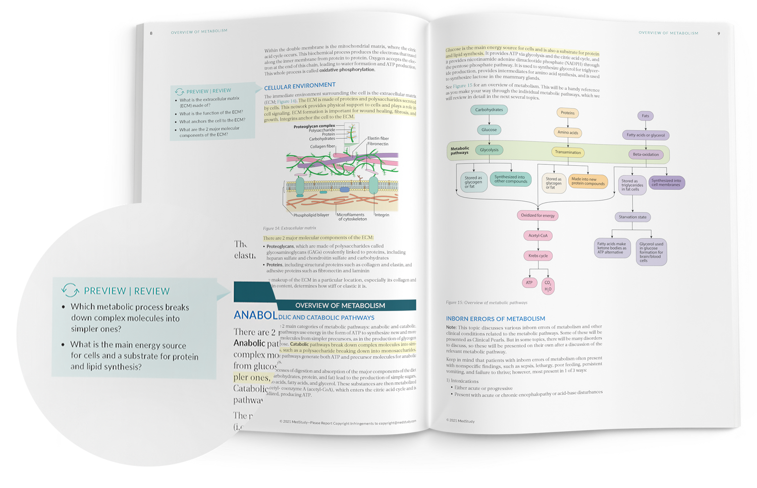 Core book open to show interior content. A zoomed in area is shown in a circle with Preview | Review Questions from the page