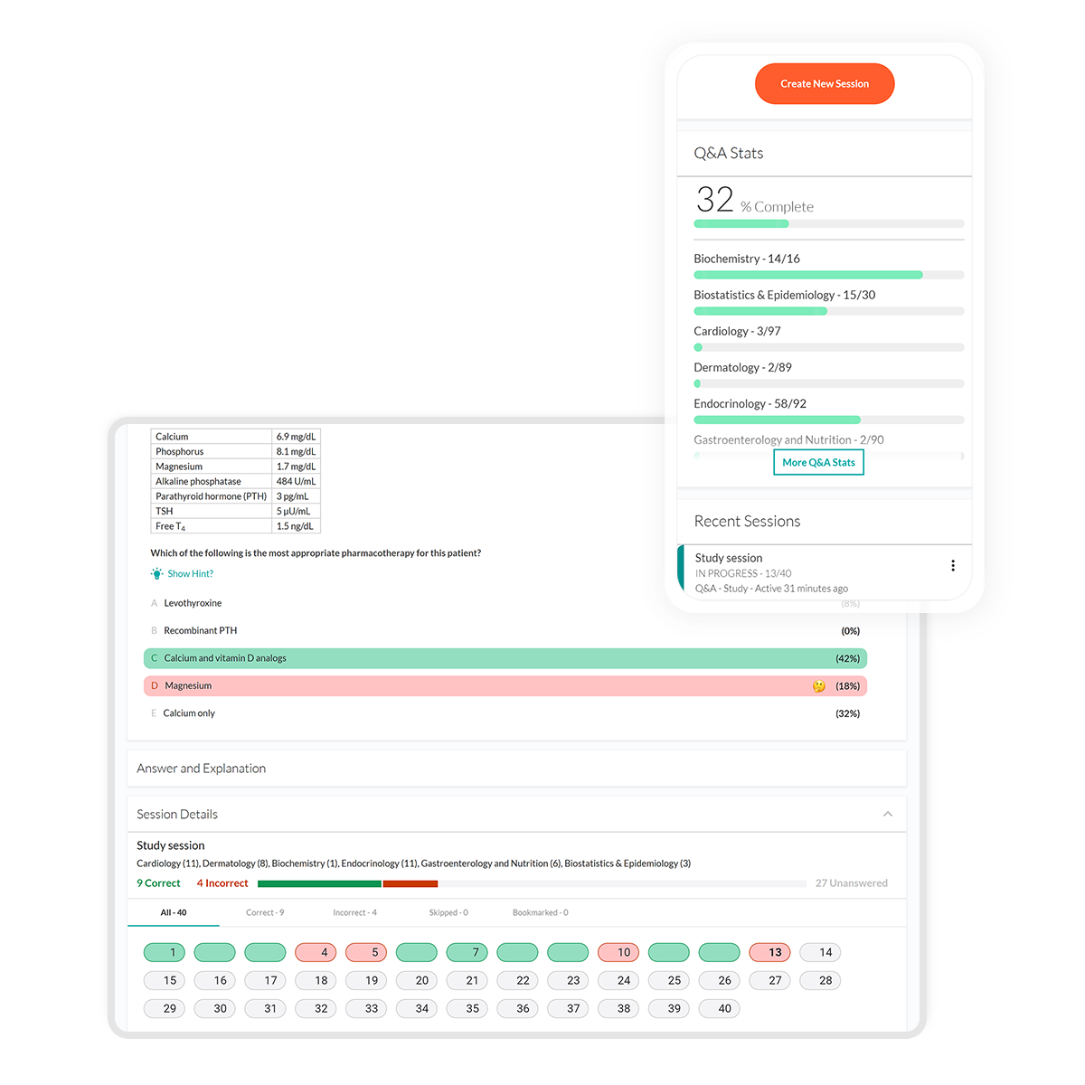 medical student q bank with incorrect answer selected and session stats on different devices