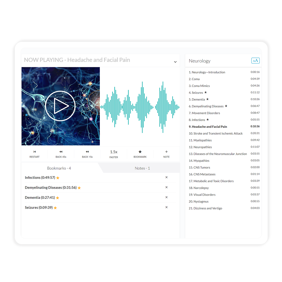 Internal Medicine Core Audio Pearls shown on a tablet in the landscape position. The audio playback buttons, menu, notes and bookmarks are all displayed.