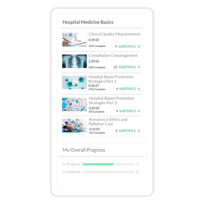 Hospital Medicine Basics topic list on a mobile device