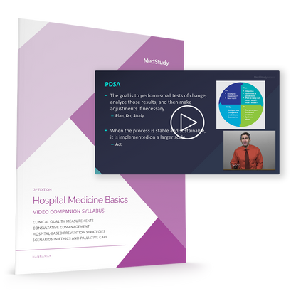 The print syllabus behind a video still of Hospital Medicine Basics